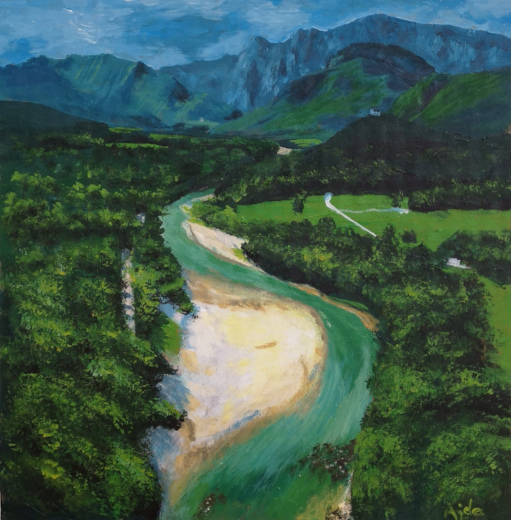 acrylic painitng of Sunik water grove - green waterfall