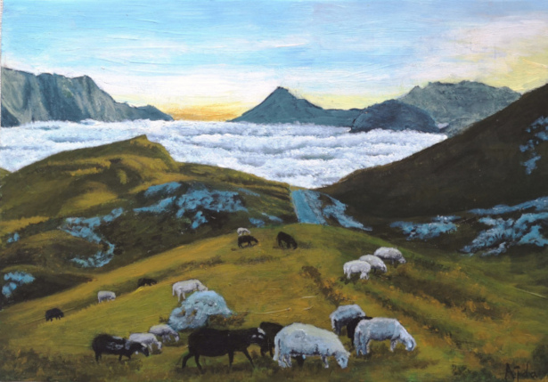 acrylic painting of Triglav lakes valley